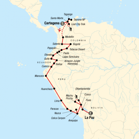 Colombia through the Andes–Cartagena to La Paz - Tour Map
