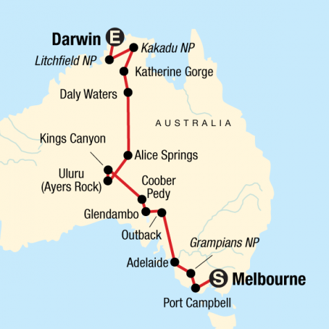Australia South to North–Melbourne to Darwin - Tour Map