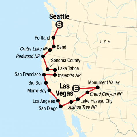 Pacific Coast to Las Vegas Road Trip - Tour Map