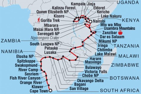 Africa Encompassed Southbound - Tour Map