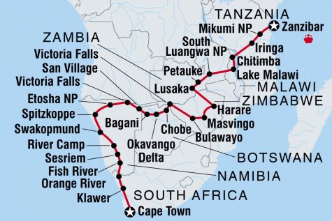 Zanzibar to Cape Town - Tour Map