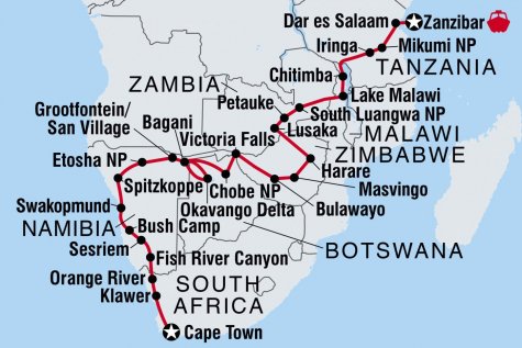 Cape Town to Zanzibar - Tour Map