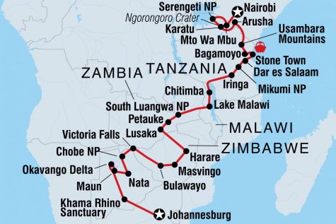 Johannesburg to Kenya - Tour Map