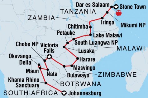 Johannesburg to Zanzibar - Tour Map