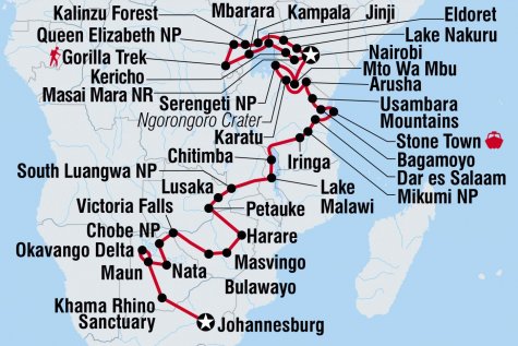 Johannesburg to Gorillas - Tour Map