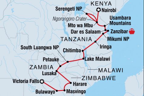 Kenya to Vic Falls - Tour Map
