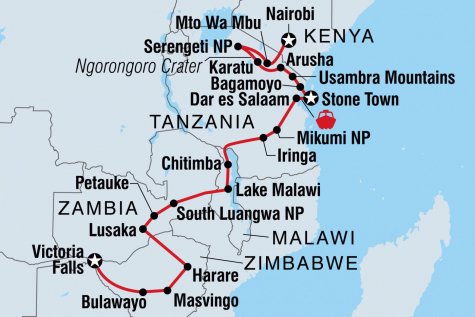 Vic Falls to Kenya - Tour Map