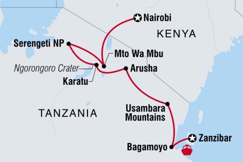 Zanzibar to Nairobi - Tour Map