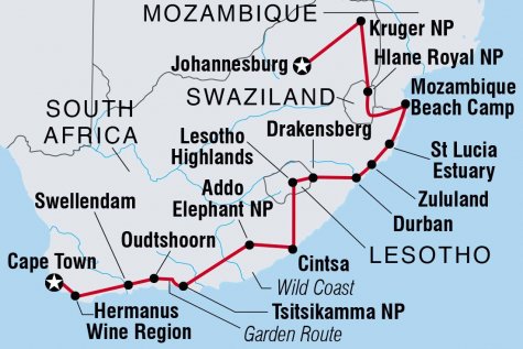 Kruger, Coast & Cape - Tour Map