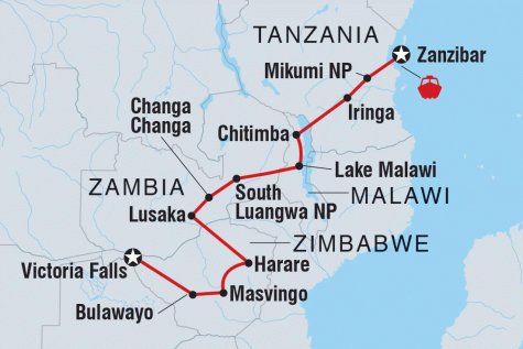 Zanzibar to Vic Falls - Tour Map
