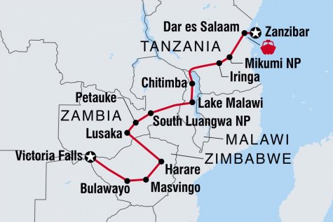 Vic Falls to Zanzibar - Tour Map