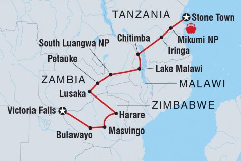 Stone Town to Vic Falls - Tour Map