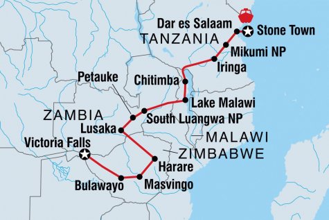 Vic Falls to Stone Town - Tour Map