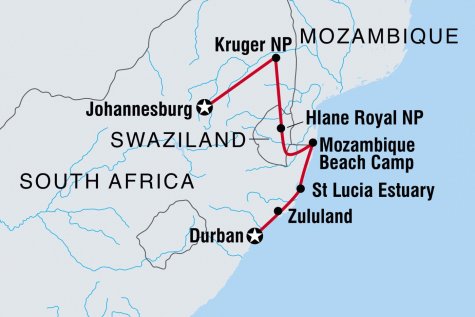 Kruger & Coast - Tour Map