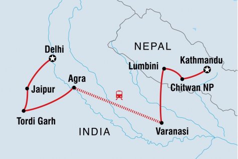 Real Kathmandu to Delhi - Tour Map