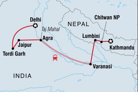 Real Delhi to Kathmandu - Tour Map