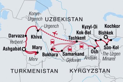 Bishkek to Ashgabat - Tour Map
