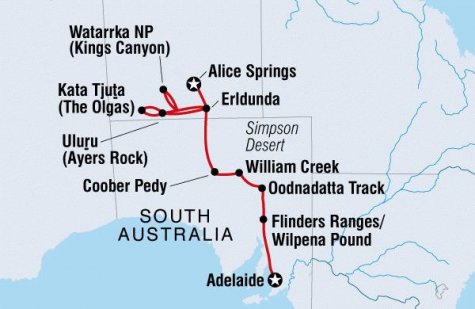 Uluru to Adelaide - Tour Map