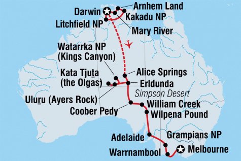 Darwin to Melbourne Overland - Tour Map