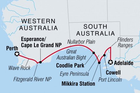 Perth to Adelaide Overland - Tour Map