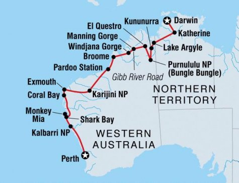 Darwin to Perth Overland - Tour Map