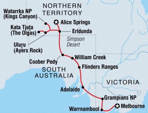Melbourne to Alice Springs Overland - Tour Map