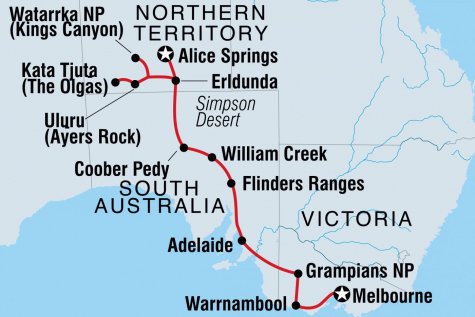 Alice Springs to Melbourne Overland - Tour Map