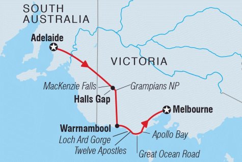 Great Ocean Road Adventure ex Adelaide - Tour Map