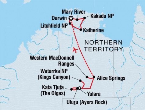 Northern Territory Encompassed Northbound ex Yulara - Tour Map