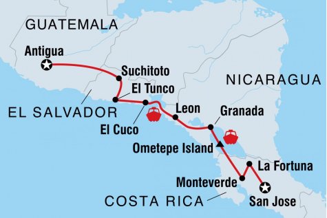 Real Guatemala to Costa Rica - Tour Map