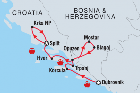 Croatia Coastal Cruising: Split to Dubrovnik - Tour Map