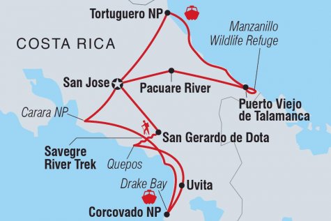 Costa Rica: Raft, Surf, Kayak & Hike - Tour Map
