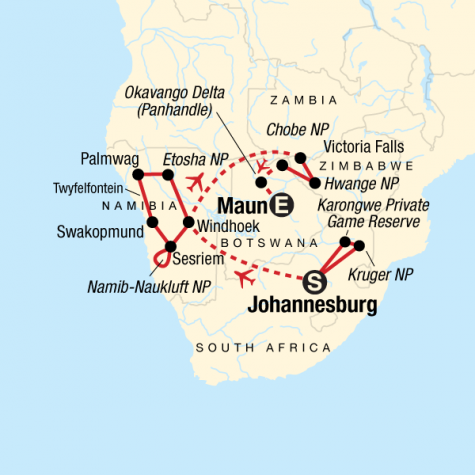 Southern Africa: Desert, Wildlife & Falls - Tour Map