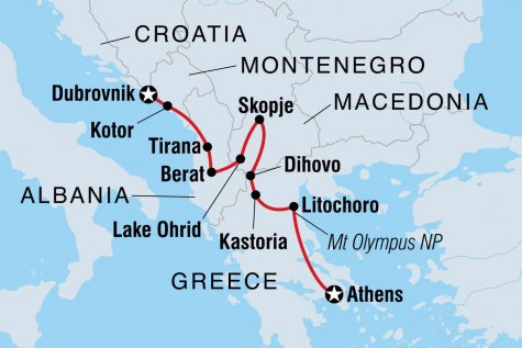 Dubrovnik to Athens - Tour Map