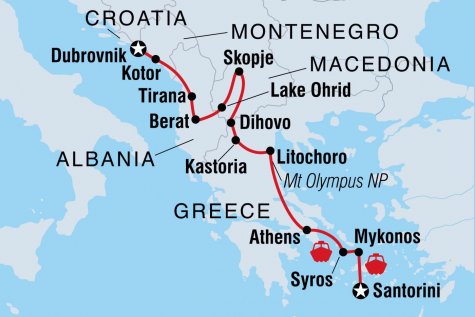 Dubrovnik to Santorini - Tour Map
