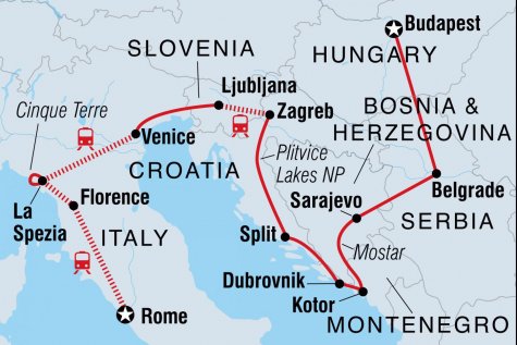 Budapest to Rome - Tour Map