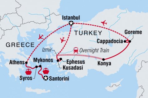 Highlights of Turkey & the Greek Islands - Tour Map