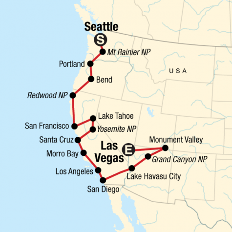 Pacific Coast to Las Vegas Road Trip - Tour Map