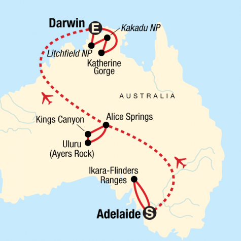 Outback to the Top End–Adelaide to Darwin - Tour Map