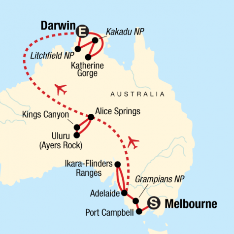 Australia South to North–Melbourne to Darwin - Tour Map