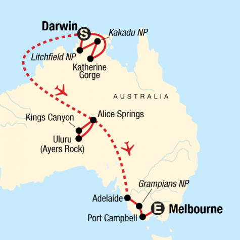 Australia North to South – Darwin to Melbourne - Tour Map