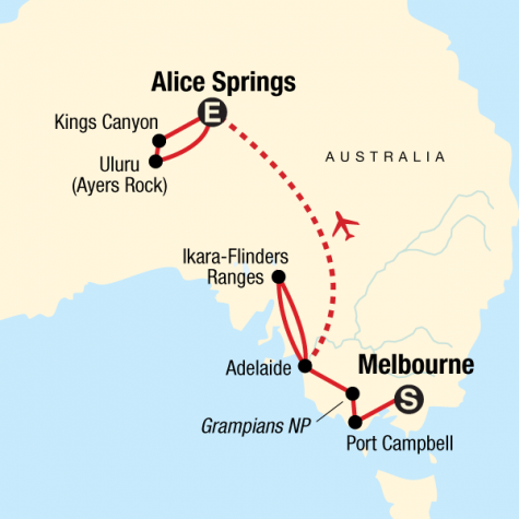 Melbourne to the Red Centre - Tour Map