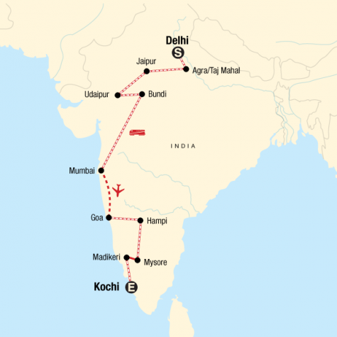 Delhi to Kochi by Rail - Tour Map