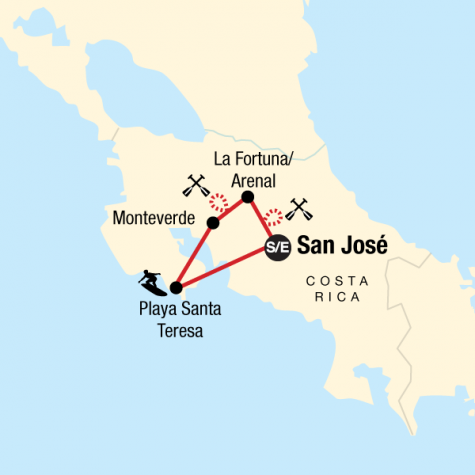 Costa Rica Volcanoes & Surfing - Tour Map